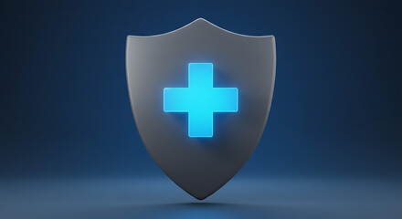 Fototapeta premium A gray shield with a glowing blue plus sign centered on it against a dark blue gradient background