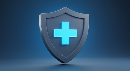 A shield with a glowing blue plus sign in the center on a gradient blue background surface illustration