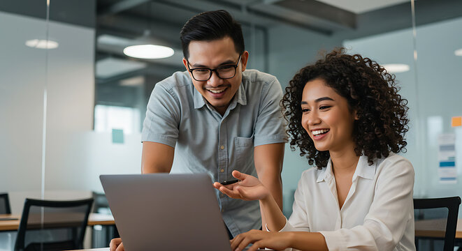 Smiling Colleagues Reviewing Laptop Screen in Modern Office Space.