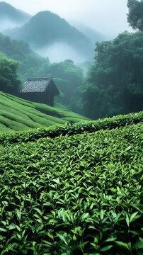 Lush green tea fields beside a quaint cottage in the misty hills during a peaceful morning