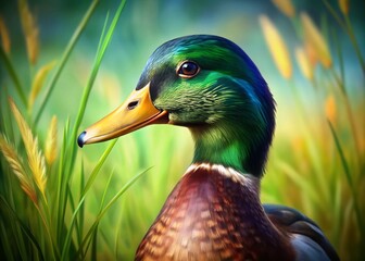 Obraz premium Green Duck Portrait: Close-up of a Mallard Drake Hiding in Grass