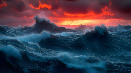 Fototapeta premium Dramatic Ocean Waves at Sunset with Dark Clouds and Blue Water Creates a Raging Seas with Foamy Texture