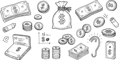 Money and finance doodle set. Dollar Banknotes, coins, money bag in sketch style. Banking related elements. Vector illustration isolated on white background