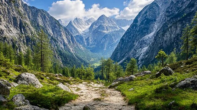 Serene mountain landscape showcasing a winding path through lush greenery and towering peaks