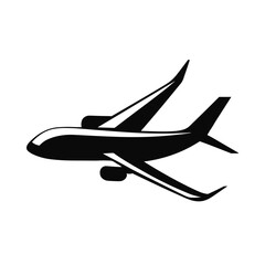 Black silhouette airplane in the sky, vector icon isolated on white background