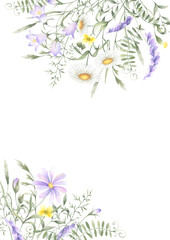 Floral postcard of watercolor wildflowers chamomile, bellflower, buttercup and meadow grasses isolated from background with copy space, A4. Hand drawn yellow and lilac flowers for cards, invitations.