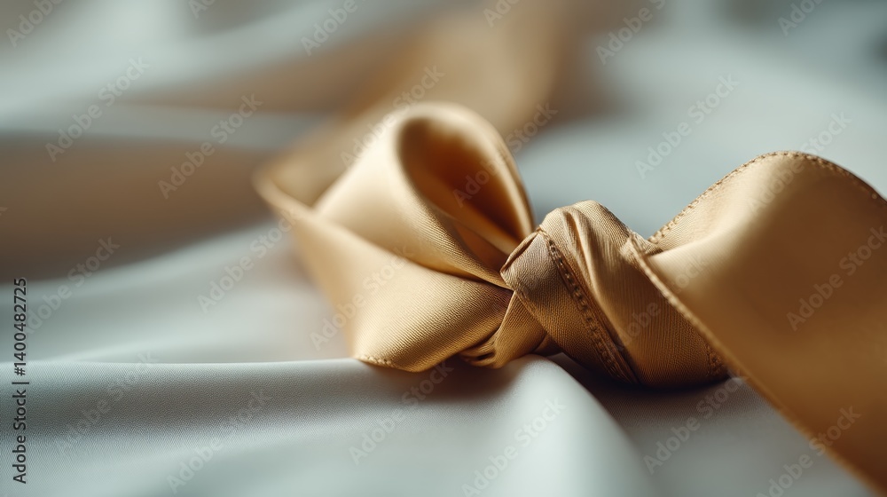 Aufkleber close-up of a golden silk ribbon intricately tied into a knot, resting gently on a smooth cream back
