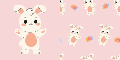 Flat style illustration of a cute Easter bunny standing with open arms, repeated seamlessly on a pink background with eggs, perfect for spring-themed design and holiday decor.