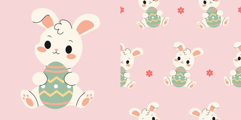 Flat style illustration of a cute Easter bunny holding a decorated egg, repeated seamlessly on a pink background with small flowers, perfect for spring-themed design and holiday decor.