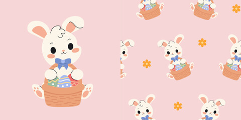 Flat style illustration of a cute Easter bunny holding a basket filled with colorful decorated eggs , repeated seamlessly on a pink background with small flowers
