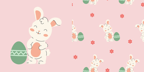 Flat style illustration of a happy Easter bunny standing next to a decorated egg, repeated seamlessly on a pink background with small flowers, perfect for spring-themed design and holiday decor.