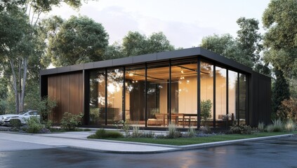 Obraz premium Modern minimalist contemporary home exterior with large glass windows, dark wood accents, and lush landscaping