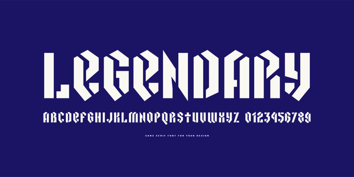 Stencil-plate sans serif font in black letter style. Letters and numbers for logo and emblem design. White print on blue background