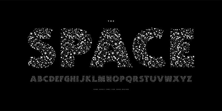 Decorative sans serif font with night starry texture. Letters for headline and emblem design. White print on black background