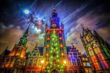 Fototapeta premium Gouda Town Hall Towers & Christmas Tree Night Scene - High Resolution Stock Photo