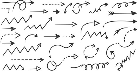 Dash line arrows doodle set. Dotted zigzag arrow stripes, curved pointers. Hand drawn vector illustration isolated on white background
