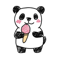 Cute panda eating ice-cream. Childish doodle vector illustration. Hand drawn cartoon animal design
