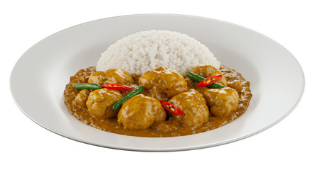 Chicken and Vegetable Curry with Rice on White Plate Transparent Background