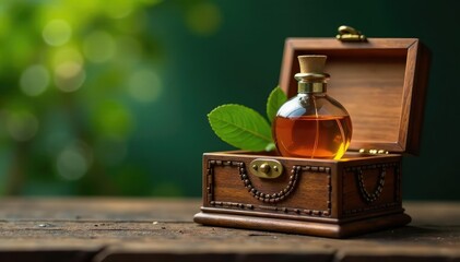 Ornate wooden box containing a fragrant perfume bottle, nature background, decorative