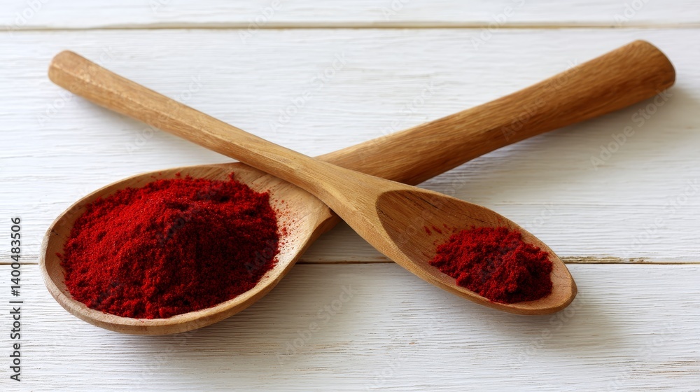 Poster close-up view of vibrant red paprika powder gathered on a wooden spoon, set on a light background wi