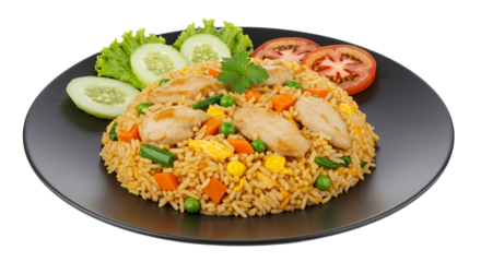 Chicken Fried Rice with Vegetables on Black Plate Transparent Background