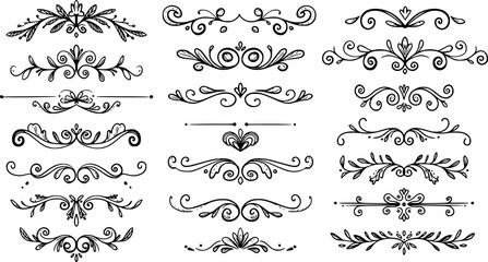 Text dividers doodle set. Wedding decorative elements. Divider ornament, borders, vintage line separators. Hand drawn vector illustration isolated on white background