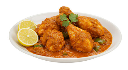 Chicken Tikka Masala with Lemon and Cilantro on White Plate Transparent Background