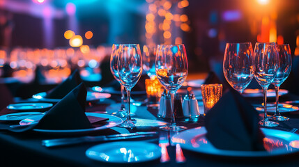 Elegant corporate event venue with sophisticated table settings and ambient lighting, highlighting a professional and upscale atmosphere