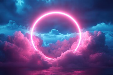 Vibrant pink neon ring emerges from dark clouds over tranquil ocean waters during twilight hour