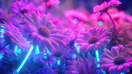 Bright neon daisies or chrysanthemums. Abstract background.