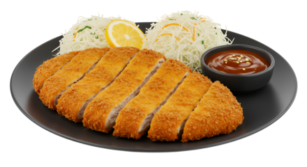 Crispy Chicken Katsu with Rice and Cabbage on Transparent Background