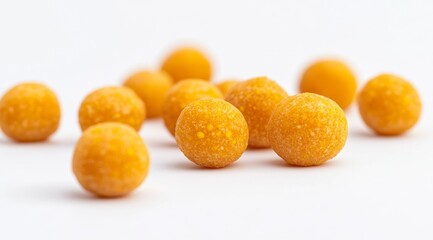 Vibrant Round Yellow Candies on a White Background