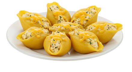 Eight Chicken And Cheese Stuffed Pasta Shells On White Plate Transparent Background