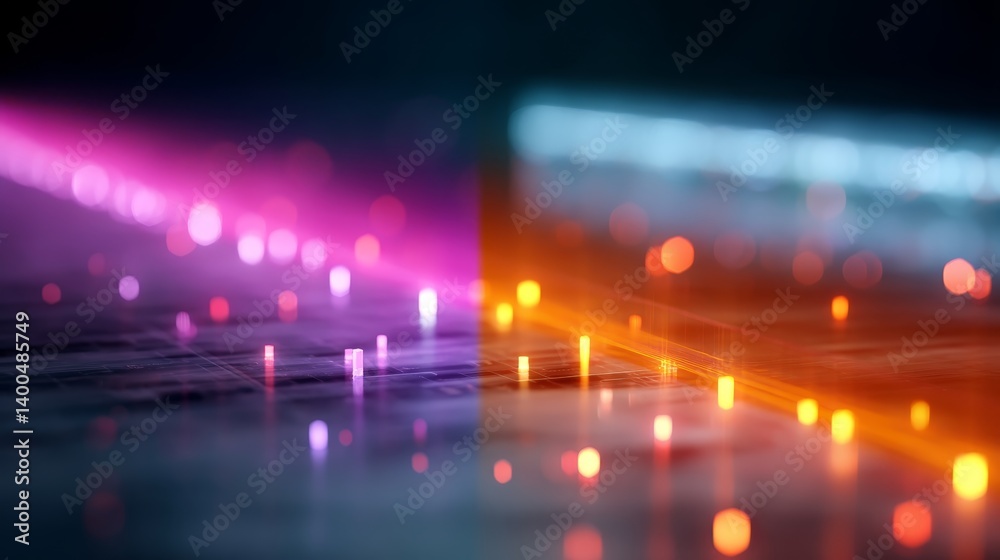 Poster Neon-orange data streams pulse through translucent quantum computing modules, showcasing glowing circuitry beneath. Copy space is available on the right for design use