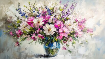 Impasto floral bouquet in blue vase brings a serene ambience and harmony