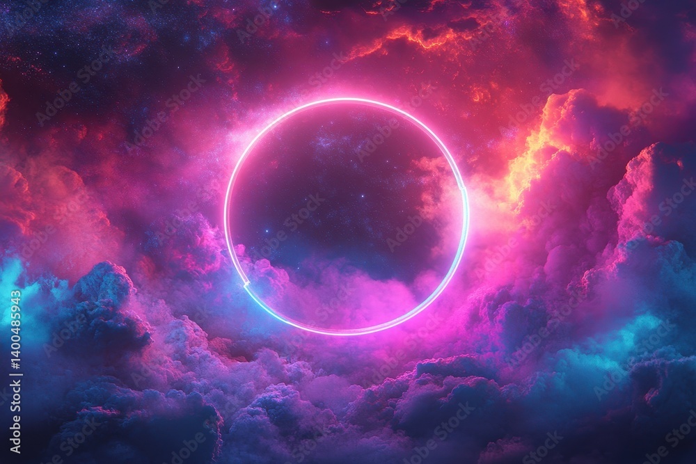 Poster colorful glowing circle surrounded by vibrant clouds at dusk creates an ethereal atmosphere in the s