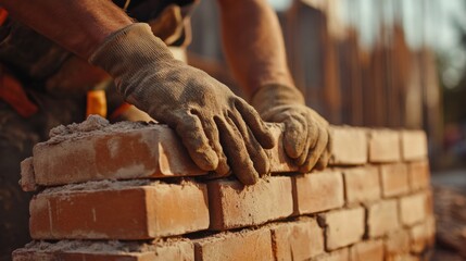 Bricklayer building a brick wall on a construction site. Featuring craftsmanship and strength
