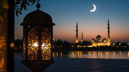 Ornate lantern casting warm light against a backdrop of a serene mosque at dusk, with a crescent moon and tranquil water reflecting a colorful sky