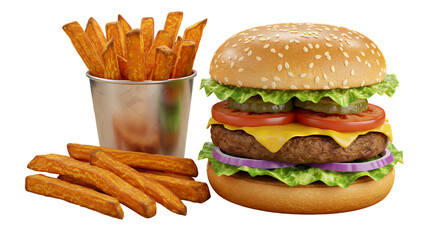 Juicy Veggie Burger with Crispy Sweet Potato Fries on Transparent Background