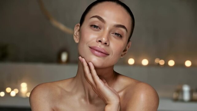 Radiant caucasian woman portrait footage touching her soft skin in wellness. Spa skincare treatment clip featuring healthy glowing face and feminine beauty concept.