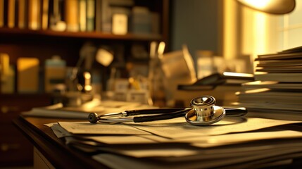 Close-up of a stethoscope resting on a stack of blue folders and medical documents on an office desk