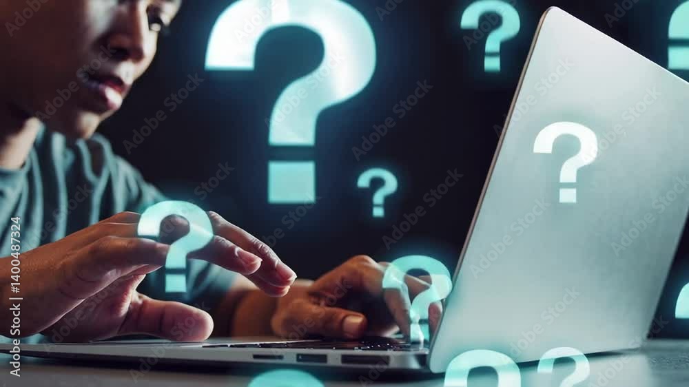 Fototapete Programmer working on laptop with floating question marks representing challenges and problem solving process in software development and digital research