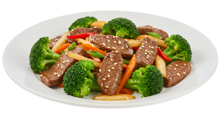 Savory Beef and Broccoli Stir Fry on White Plate Transparent Background