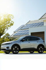 Modern Home Solar Panels Electric SUV Parked Sustainable Living Eco Friendly Green Energy Future Transportation