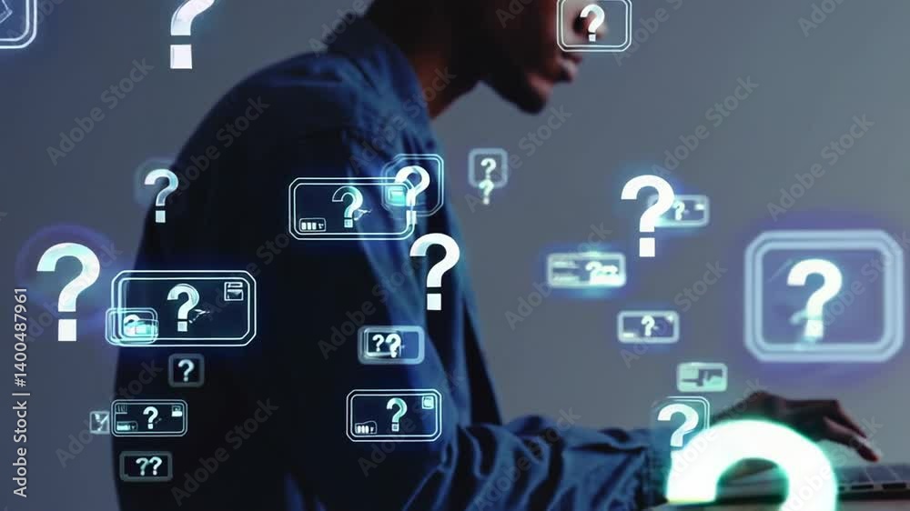 Aufkleber Computer programmer is typing code on a laptop while question marks and other symbols appear from the computer, suggesting problem solving and decision making