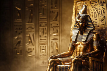 Obraz premium Ancient Egyptian Statue On Ornate Throne With Hieroglyphs Background