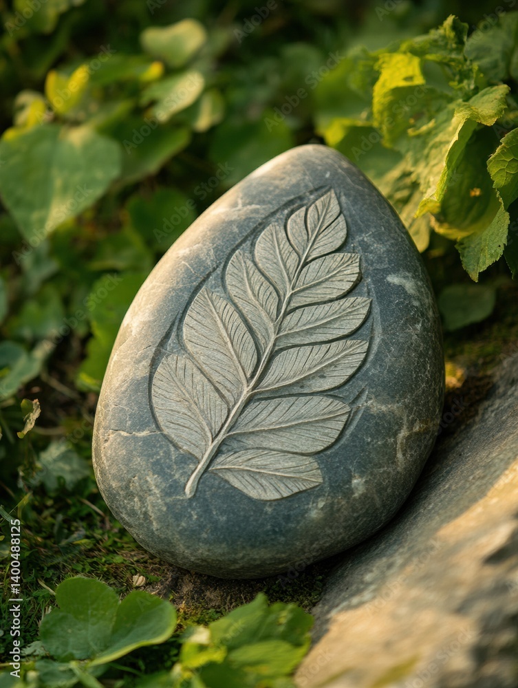 Aufkleber Large smooth stone featuring a carved leaf pattern nestled among lush greenery in a serene outdoor setting