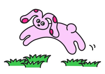 A cartoon illustration of a pink jumping  rabbit, good for postcards, modern art prints, web design, etc.