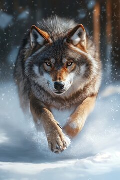 Majestic Wolf Running Through Snowy Forest in Winter Landscape