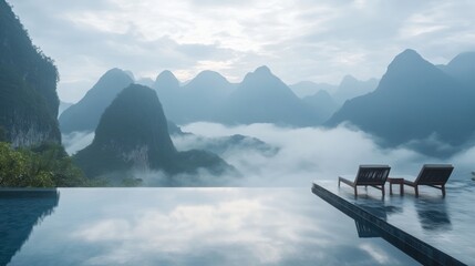 Misty mountain infinity pool relaxation, China travel brochure